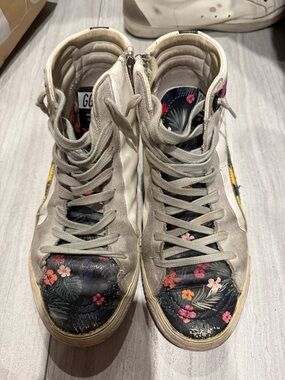 Golden Goose High-Top Sneakers with Floral Black Toe and Cream Upper